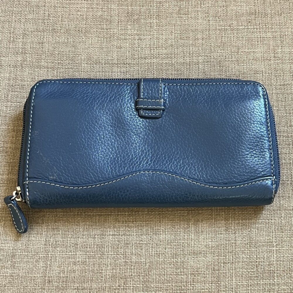 TIGNANELLO Womens Blue Leather Zip Around Wallet Clutch Card Slots Key Ring